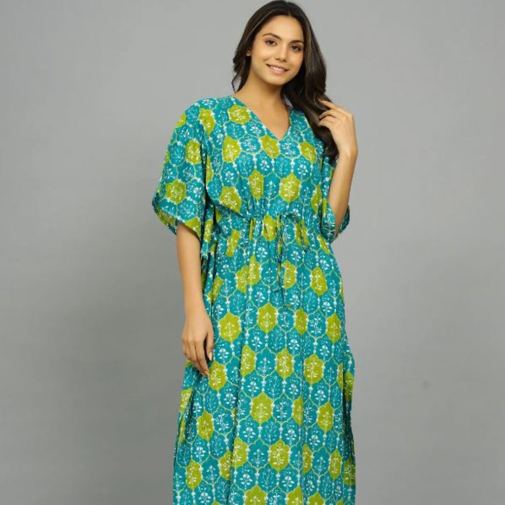 Hand Block Printed Caftan Woman's Poncho Dress Maternity Gown Beach Wear
